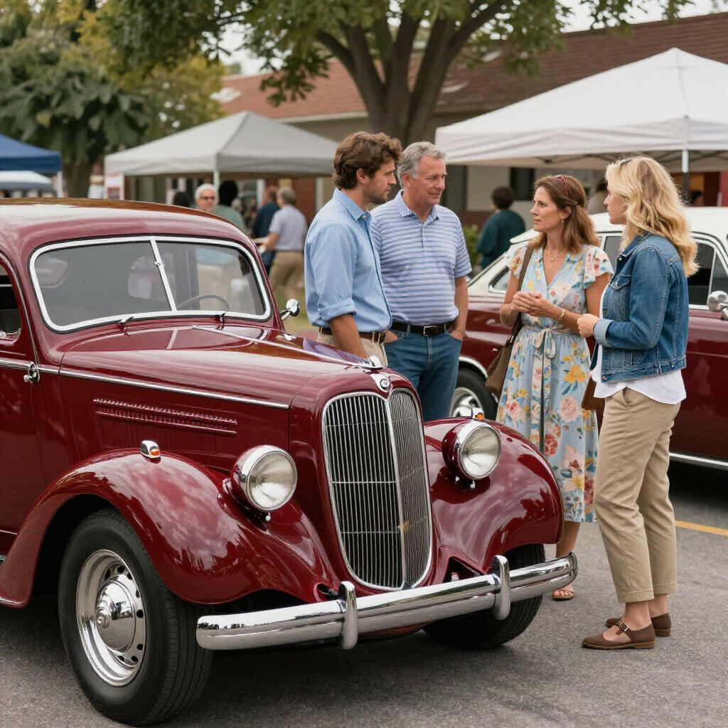 People chatting beside a maroon vintage car at an outdoor market.