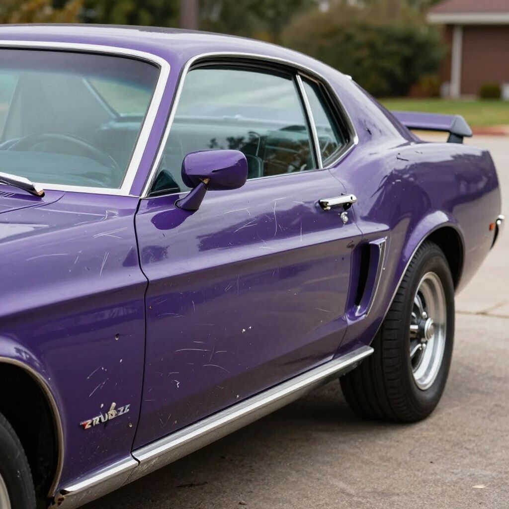 Purple classic muscle car parked outdoors, front side view with chrome trim and spoiler