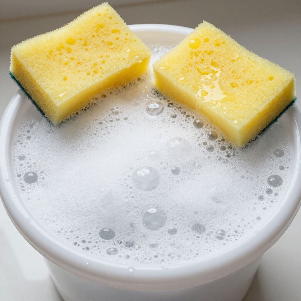 White mug filled with foamy soap suds, topped with two yellow sponge pieces