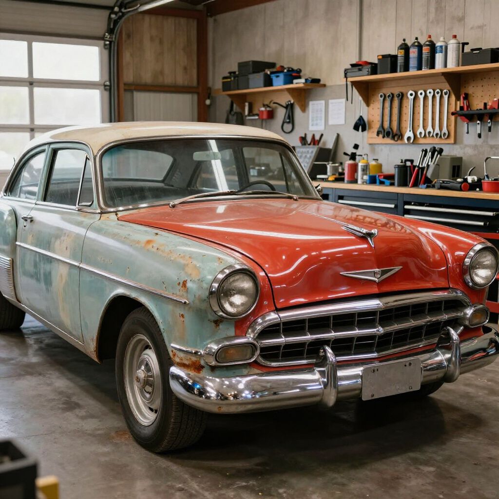 Vintage two-tone classic car parked in a garage workshop