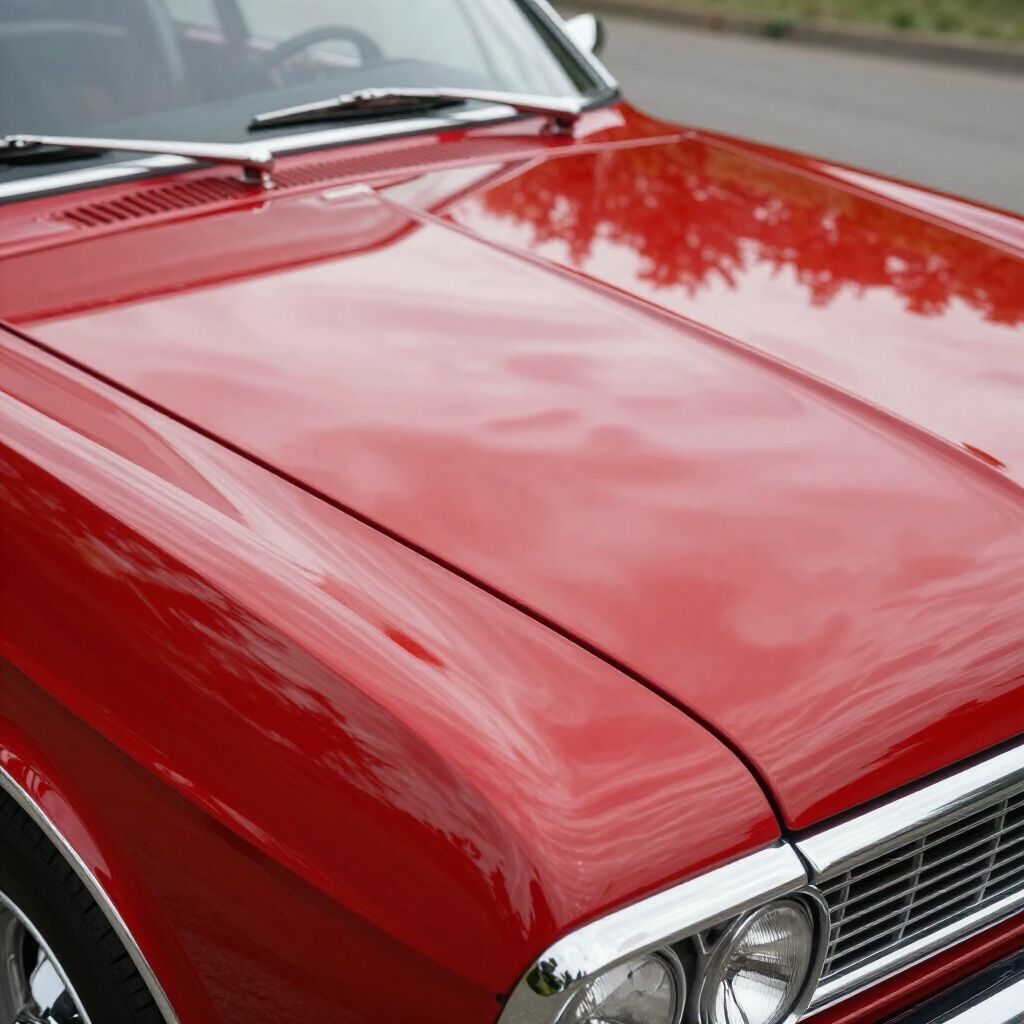 Close-up of a glossy red classic car hood with chrome trim and a windshield corner.