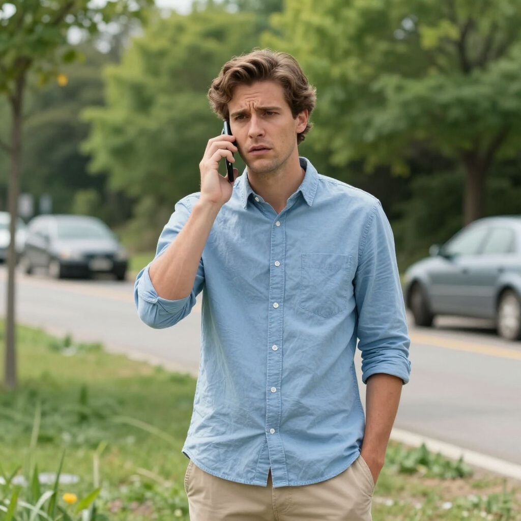 Man in a light blue shirt talking on a cellphone on a suburban sidewalk near parked cars