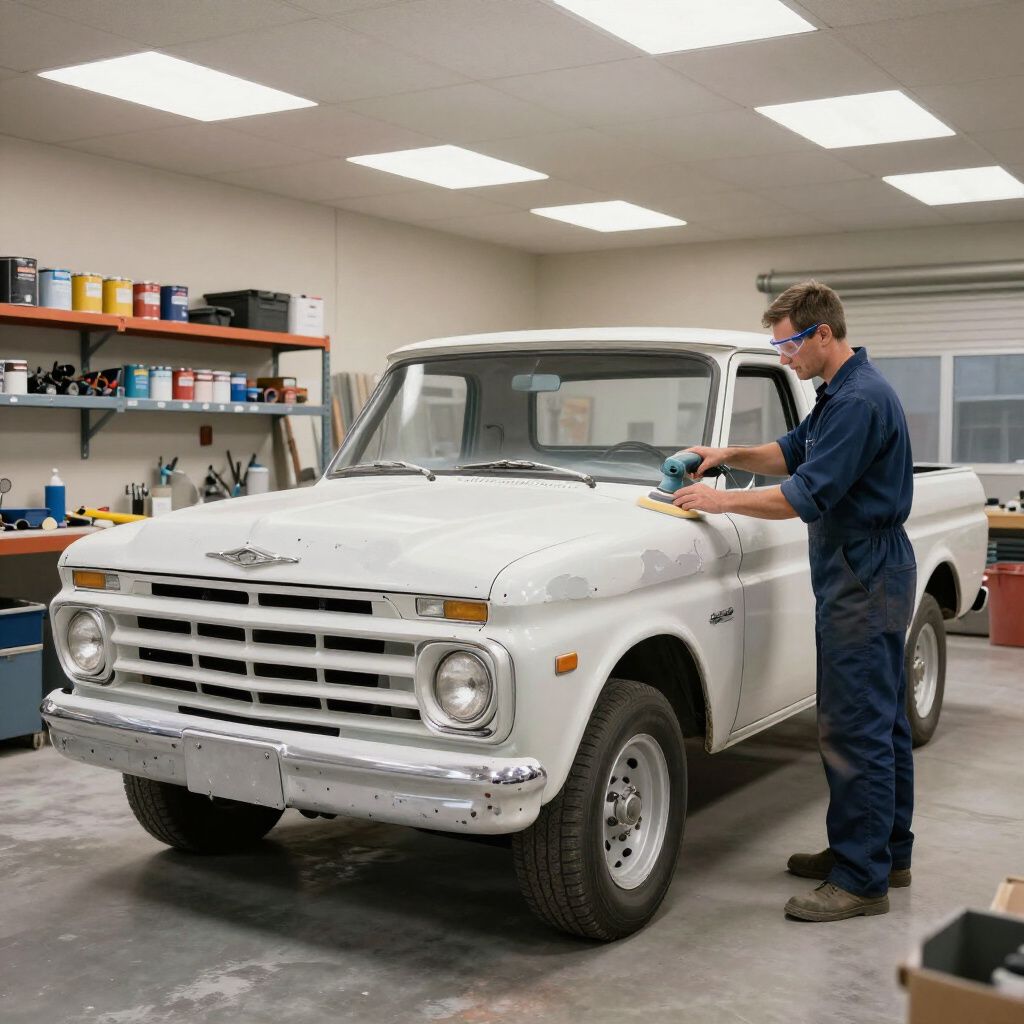 Mechanic working on a white vintage pickup truck in a bright auto garage