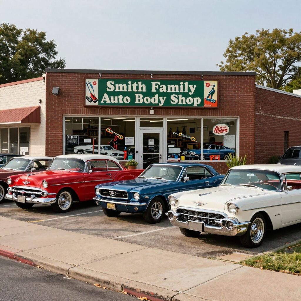 Classic cars parked outside Smith Family Auto Body Shop storefront.