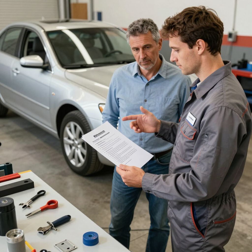 Two mechanics discuss a checklist beside a silver car in a repair shop