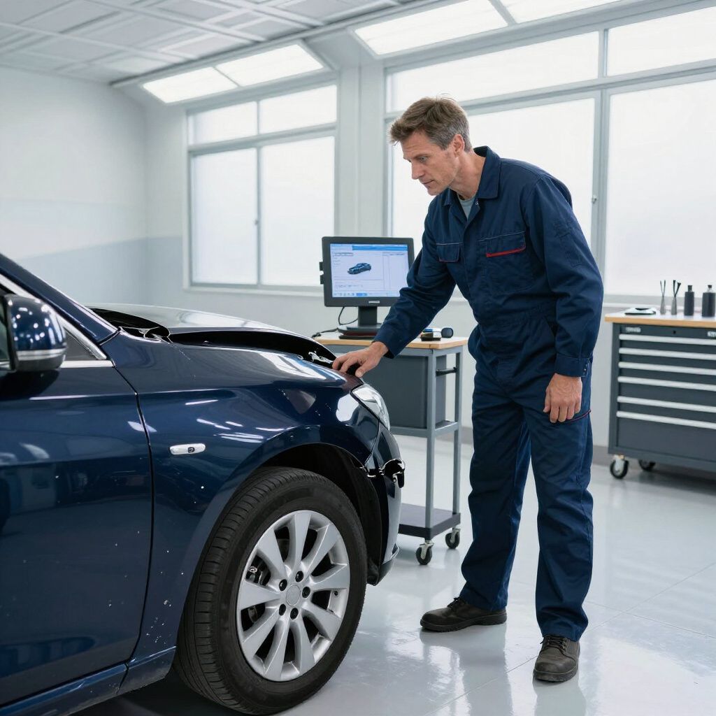 Mechanic inspecting the front of a blue car in a bright auto repair shop