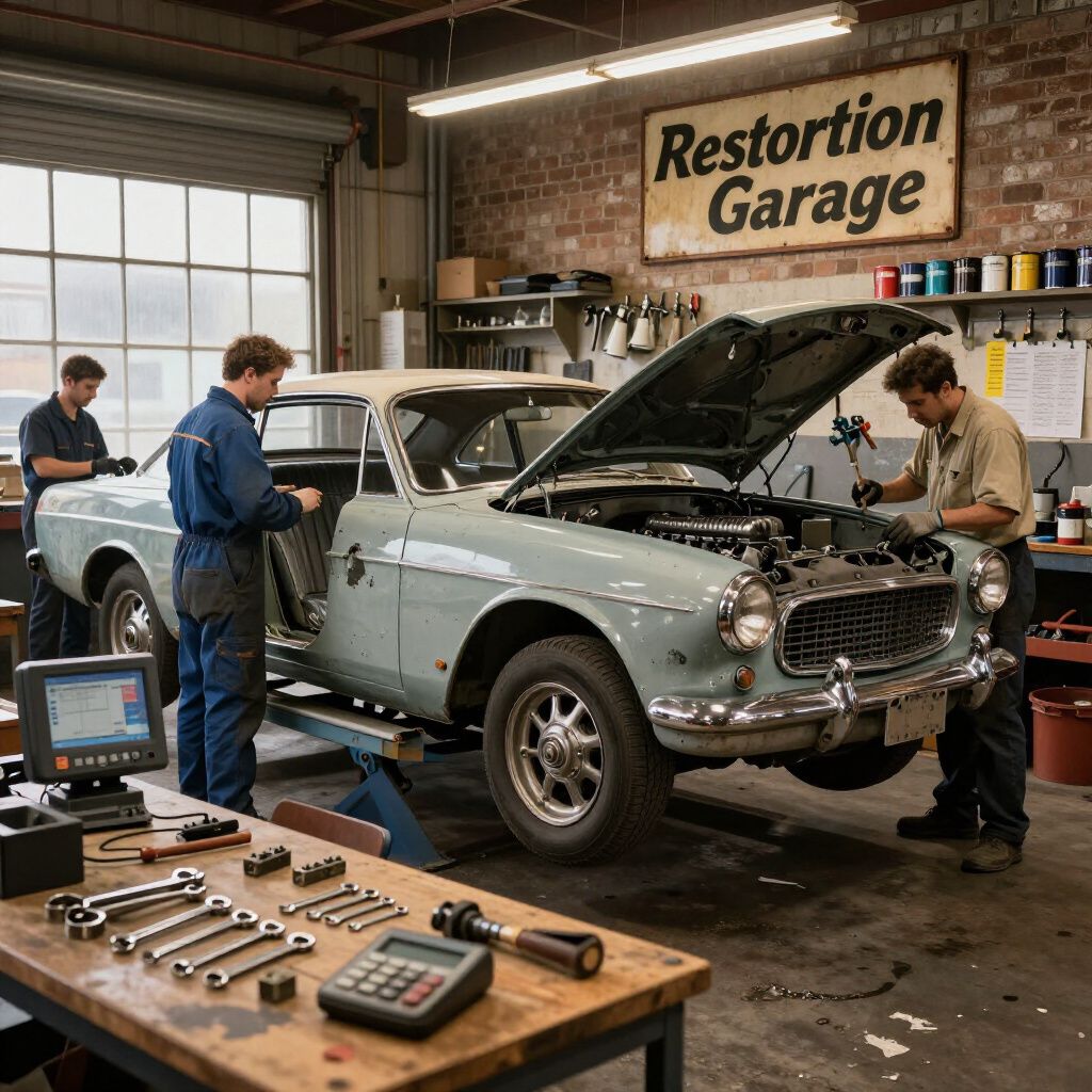 Classic car repair in a garage, with mechanics working on a light blue convertible under a raised hood.