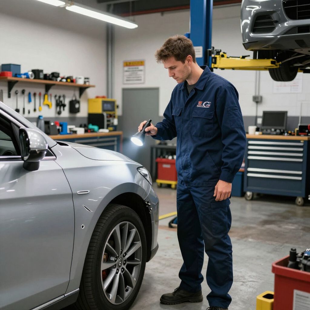 Mechanic inspecting a gray car in an auto repair garage