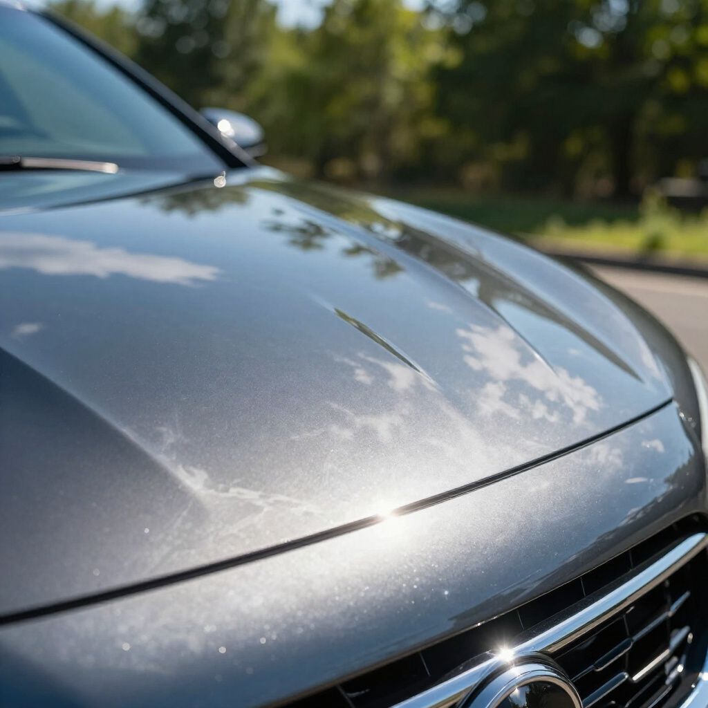 Close-up of a gray car hood and grille with sunlight reflections outdoors