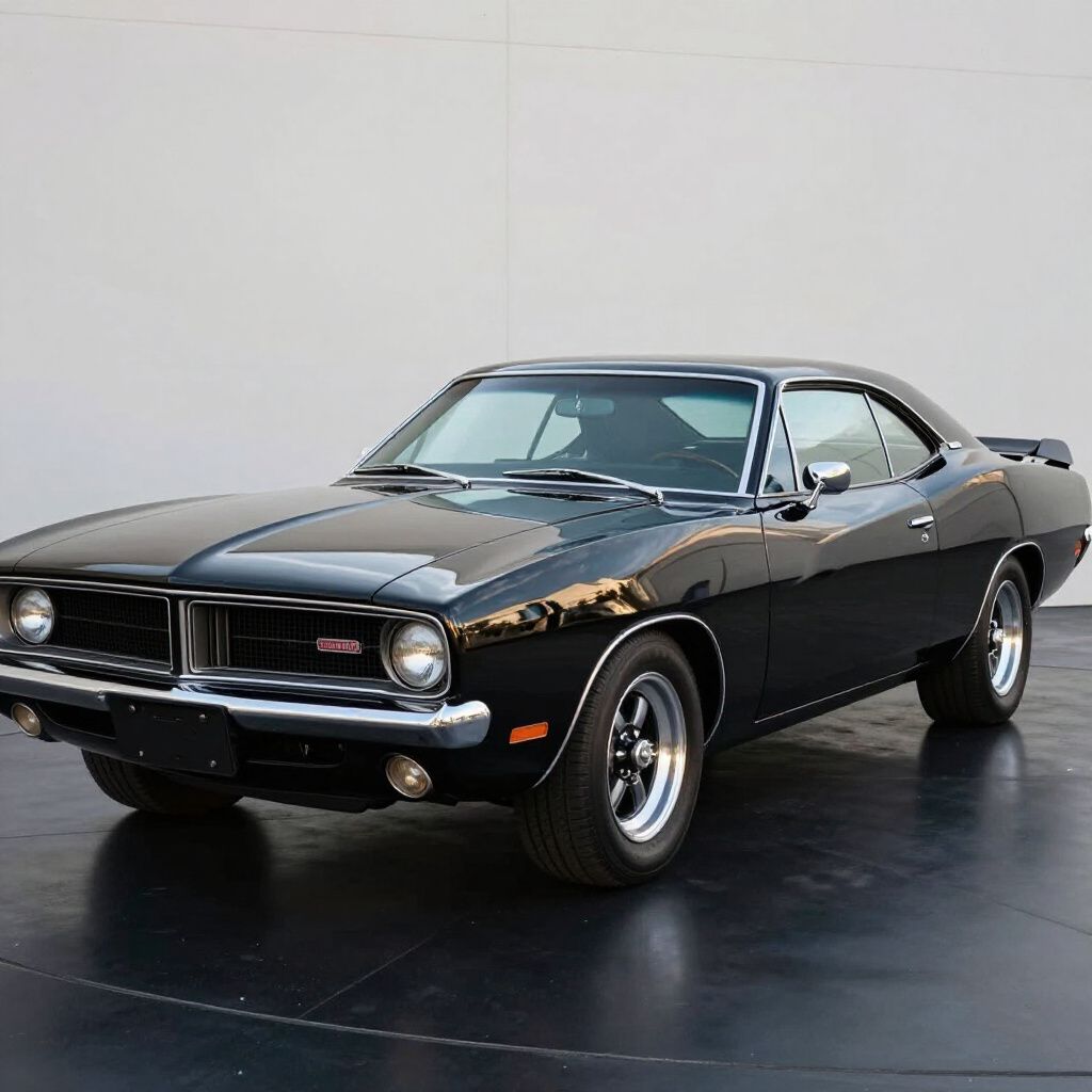 Black classic muscle car in a studio setting, angled front view on a dark floor