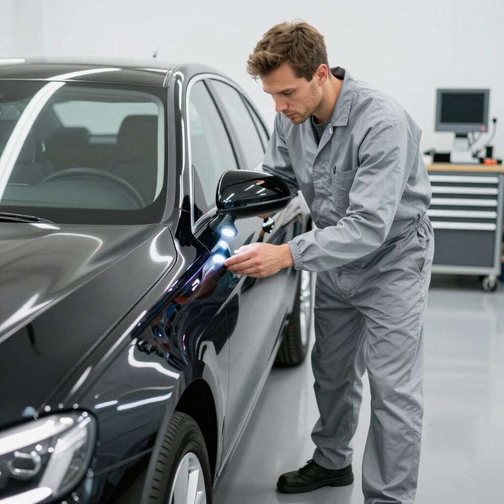Mechanic repairs a black car door in a bright auto shop with a welding tool.