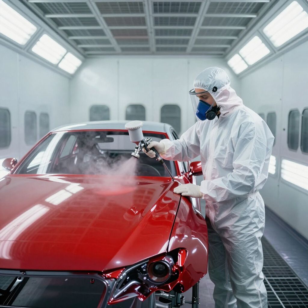 Worker in protective suit spray-painting a red sports car in a paint booth
