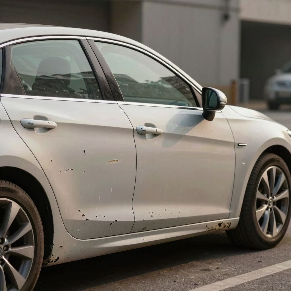 White sedan with side damage and dents on a road, shown in profile