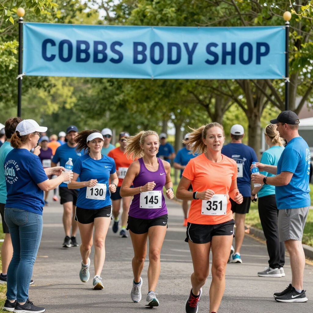 Runners passing under a “Cobbs Body Shop” banner at a road race, including bib numbers and volunteers cheering