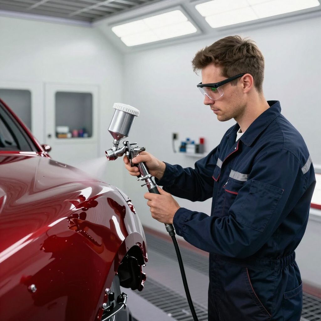 Mechanic spray-painting a red car panel in a bright auto body shop