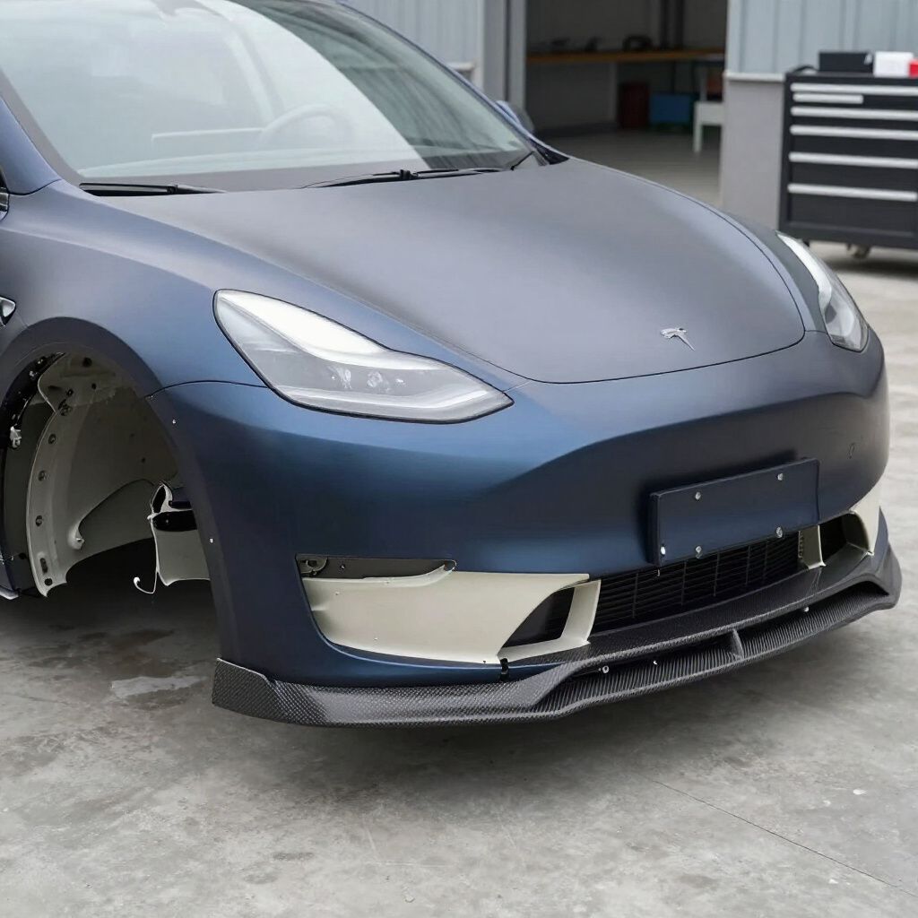 Matte blue Tesla with a damaged front bumper parked in a garage