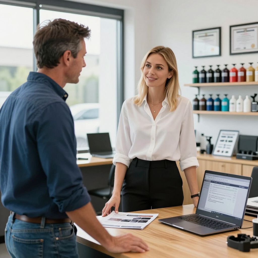 Two colleagues discuss paperwork at a desk in a bright office with a laptop and product shelves.