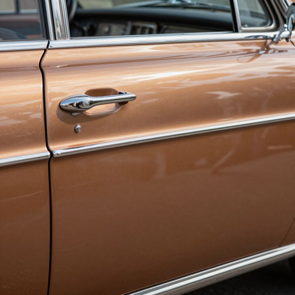 Close-up of a metallic brown car door with a chrome handle and trim.