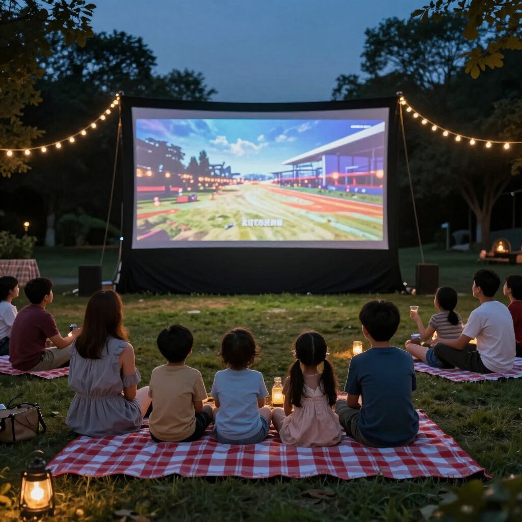 Outdoor movie screening at dusk with families seated on blankets in a park under string lights