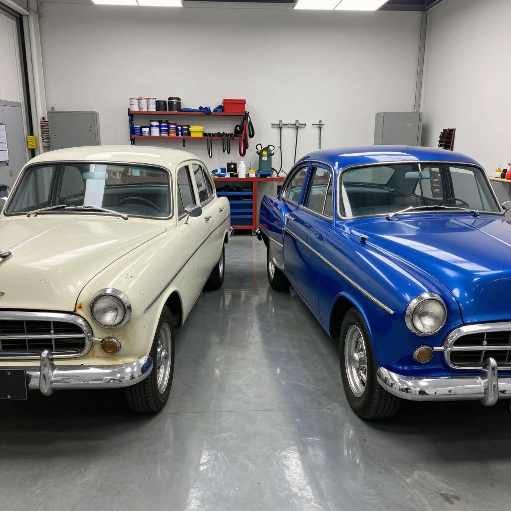 Two classic cars, one cream and one blue, parked side by side in a garage.