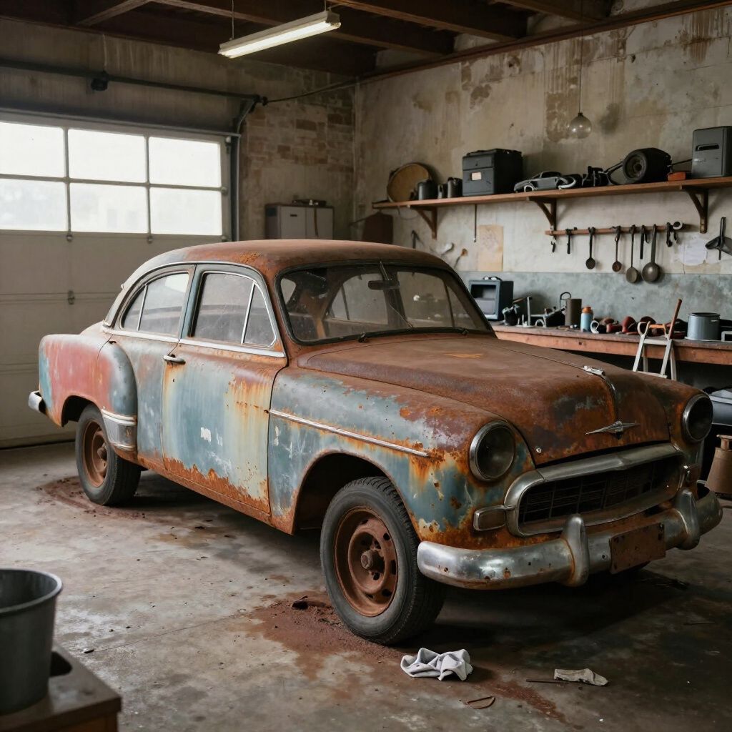 Rusty vintage car in a cluttered garage workshop with tools and shelves in the background