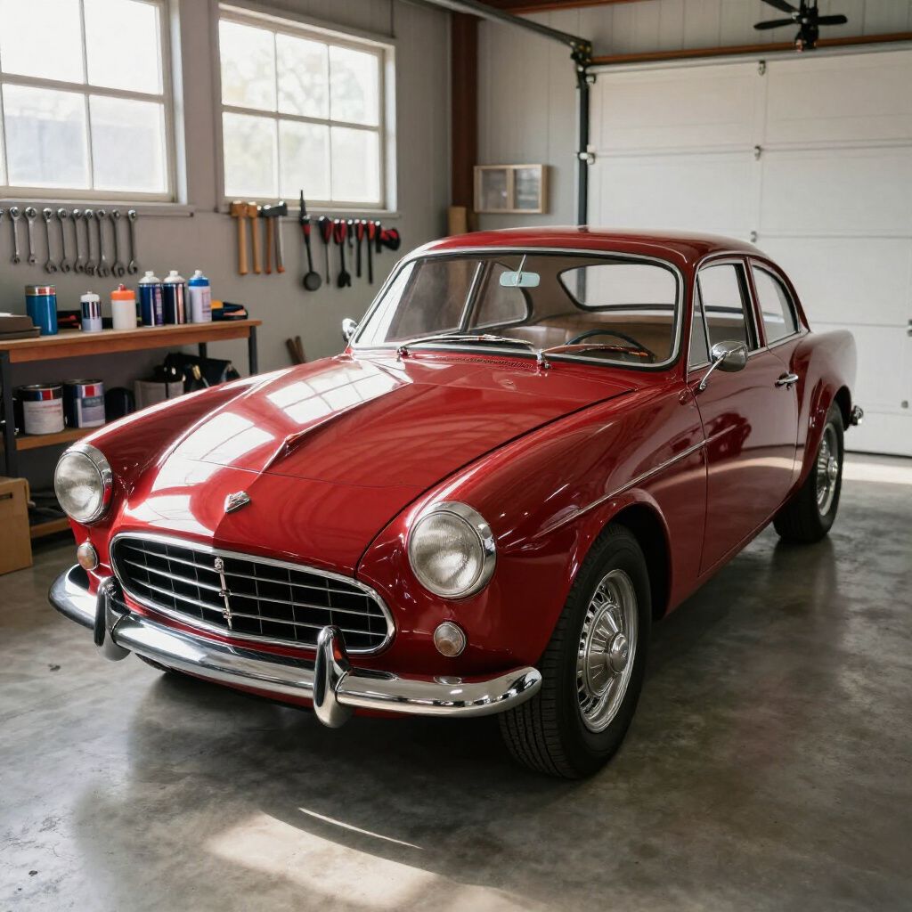 Red classic sports car in a garage, shown front three-quarter view