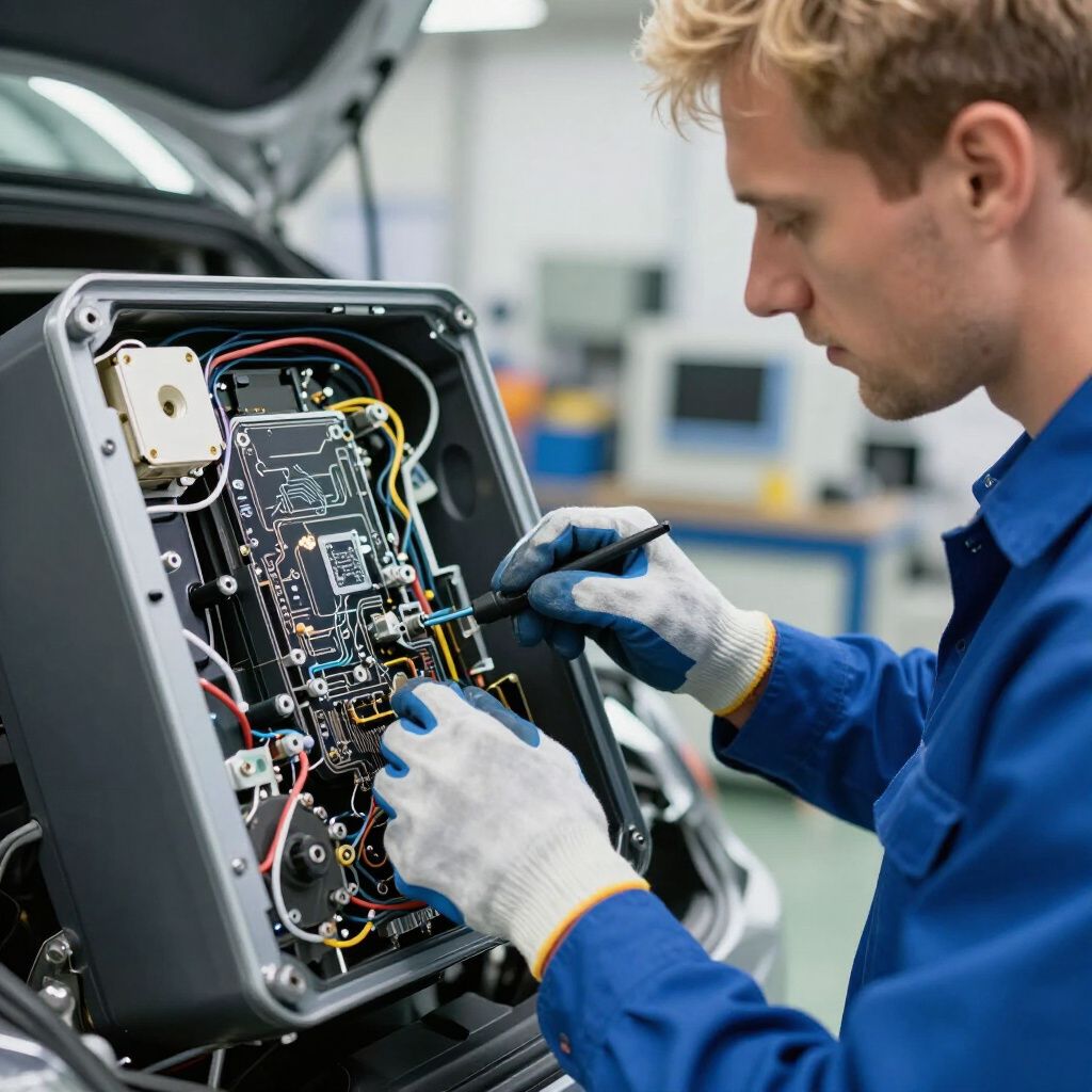 Technician in blue gloves wiring electronics inside an open machine panel in a workshop