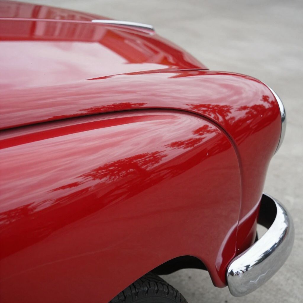 Close-up of a shiny red vintage car fender with chrome trim