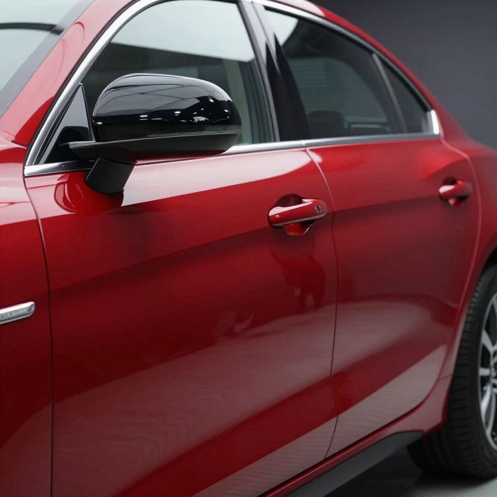 Red car side door and mirror close-up, showing glossy paint and chrome trim