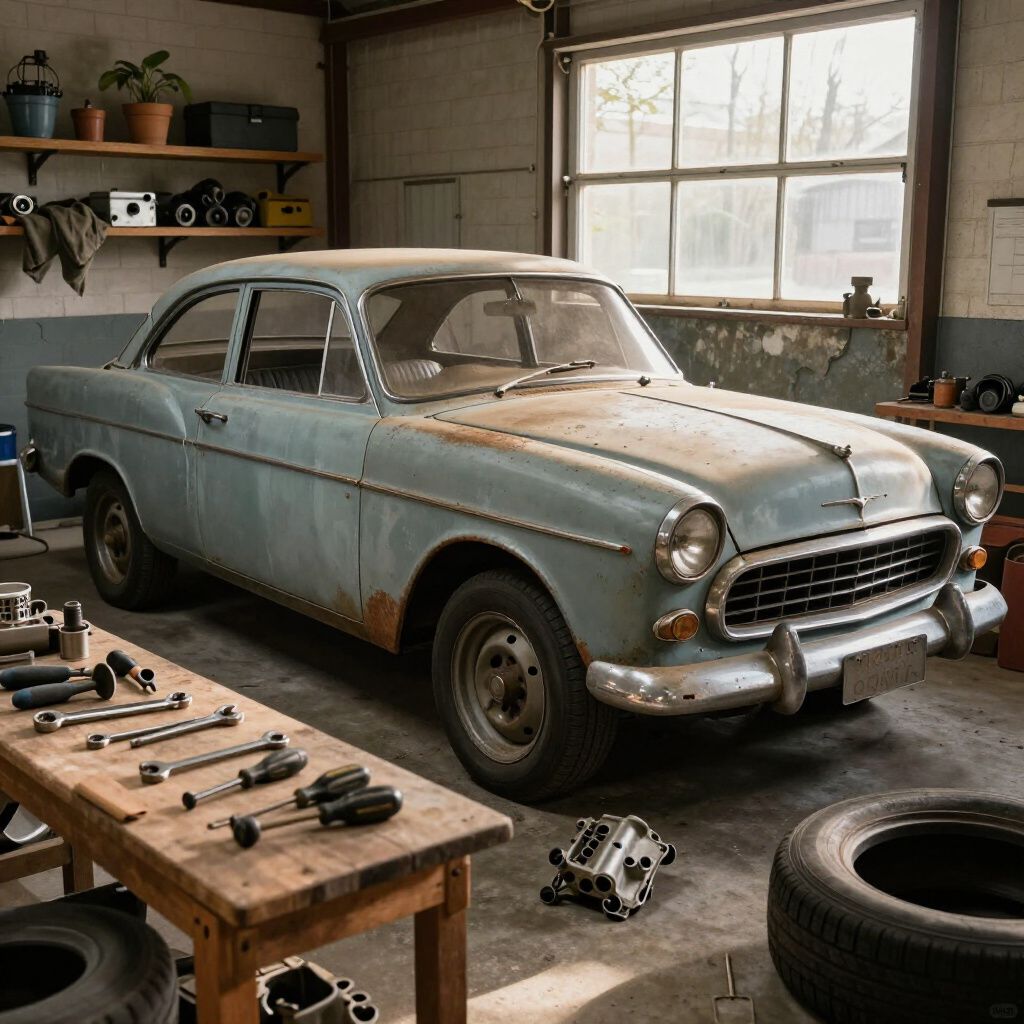 Rusty blue vintage car in a garage, surrounded by tools and spare parts on the floor.