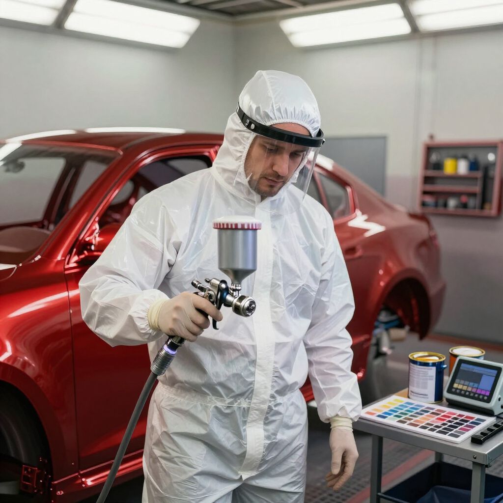 Technician in white protective suit spray-painting a red car in an auto body shop