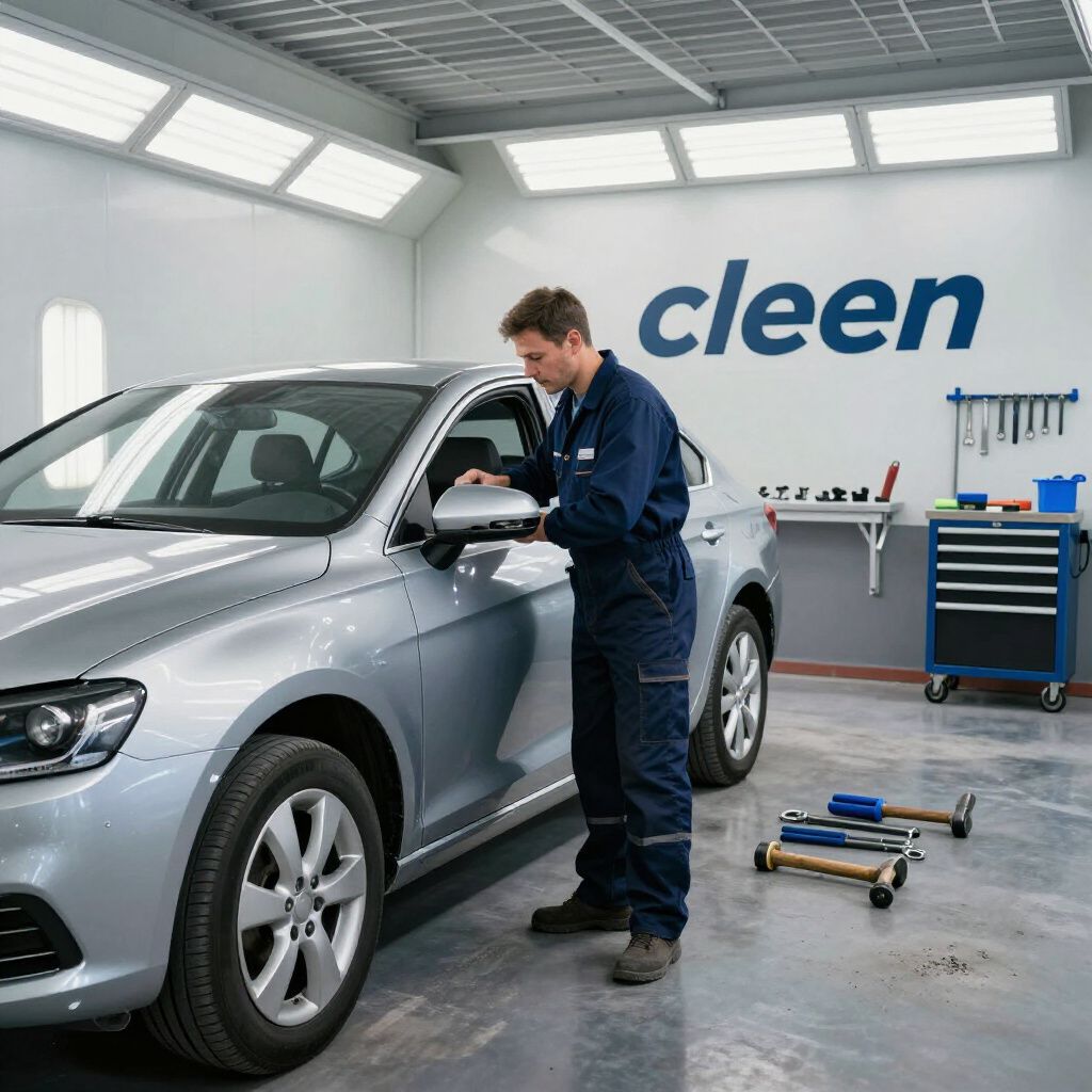 Mechanic inspecting a silver car in a clean auto repair shop with tools nearby