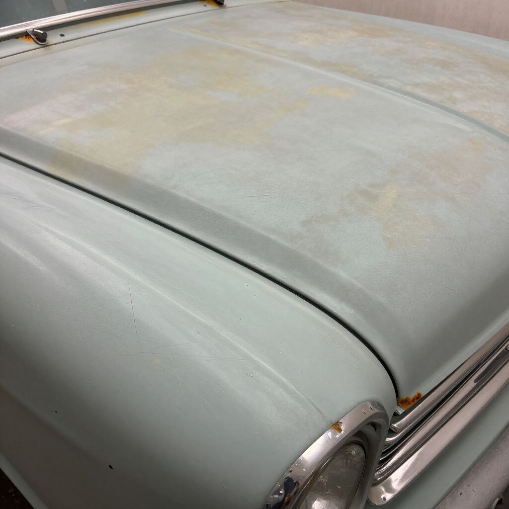 Close-up of a light gray car hood with visible rust and weathered paint.