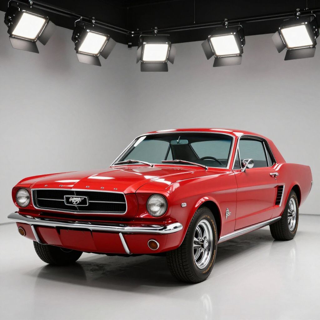 Red classic Ford Mustang coupe in a studio with bright overhead lights