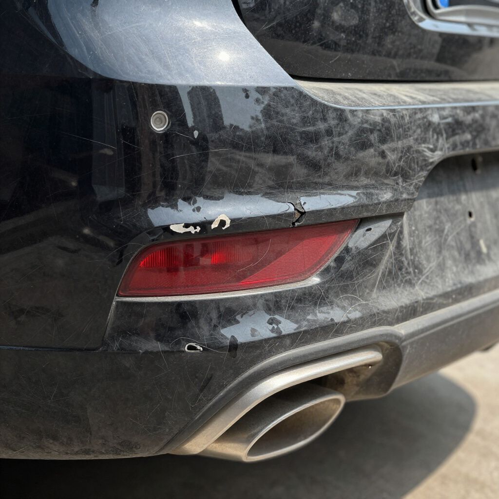 Close-up of a dusty black car’s rear bumper with a red taillight and dual exhaust pipe