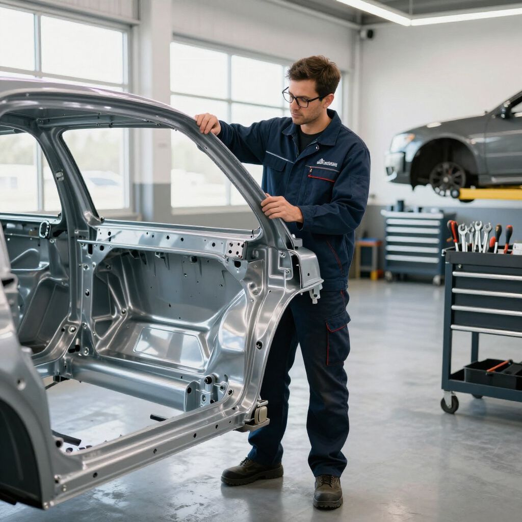 Mechanic inspecting a car body shell in an auto repair shop