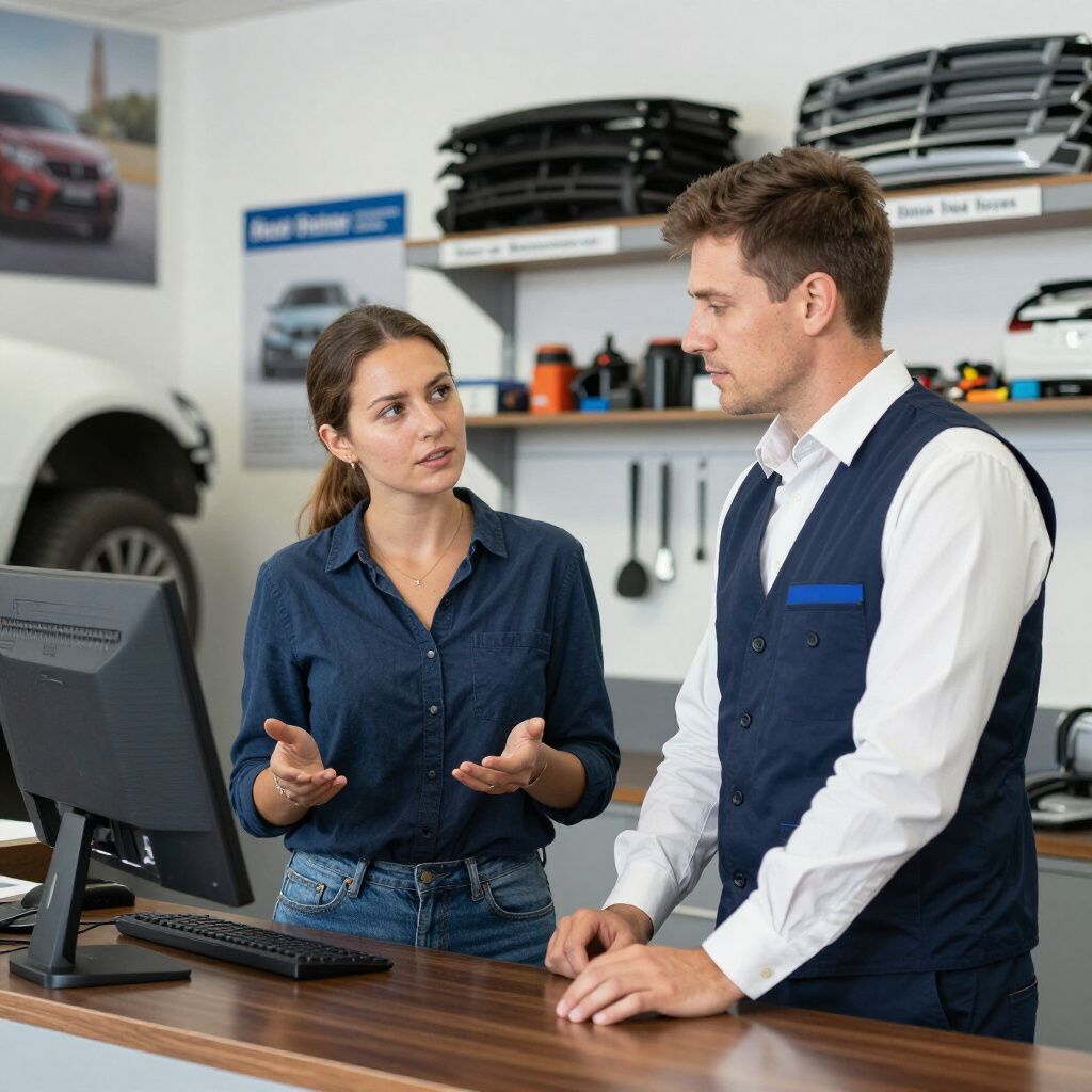 Customer and mechanic talking at a repair shop counter, with a computer and car parts in the background.