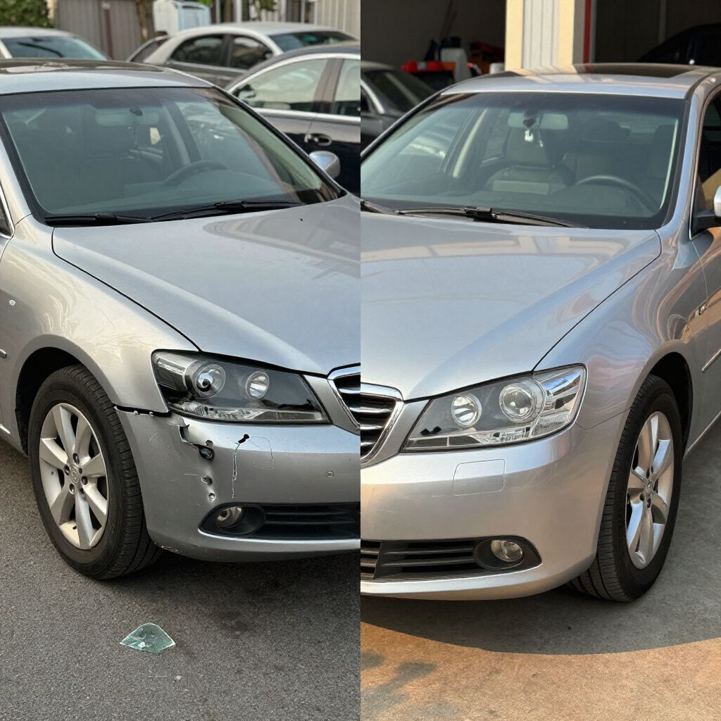 Silver sedan with front-end damage in a parking lot, parked beside another car.