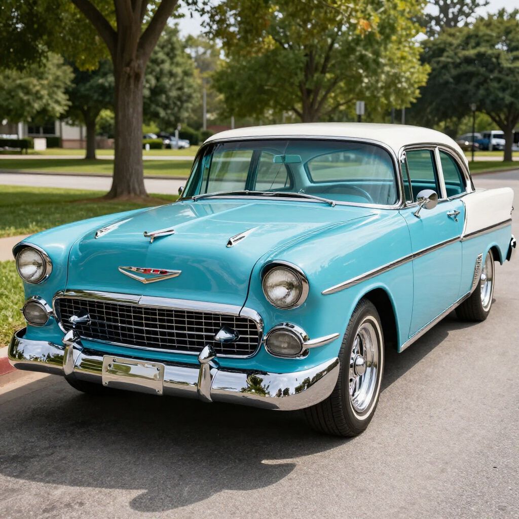 Turquoise and white classic car parked on a tree-lined street