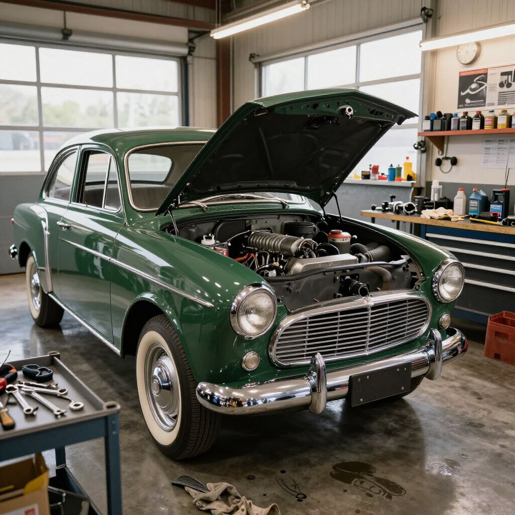 Green vintage car with hood open in a garage workshop, showing the engine