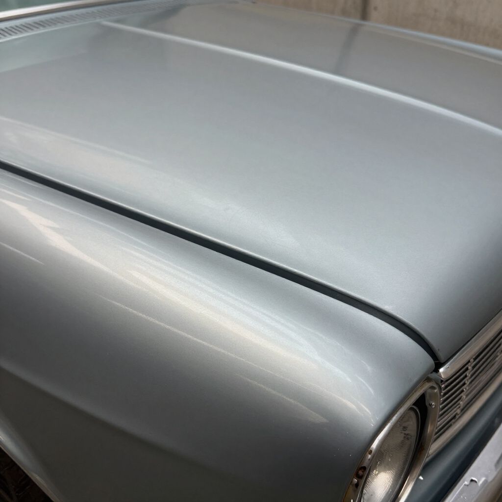 Close-up of a silver classic car hood and front fender with a round headlight