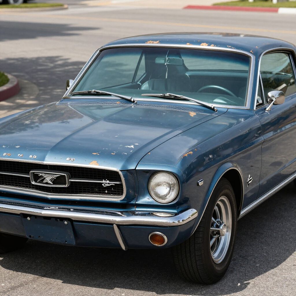 Blue classic Ford Mustang parked on a street, front view in sunlight
