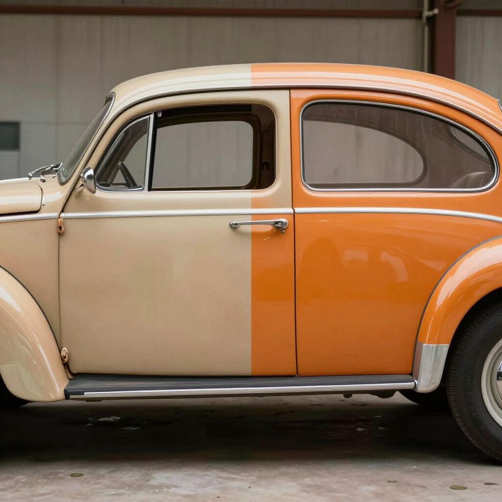 Side view of a vintage two-tone beige and orange car parked indoors