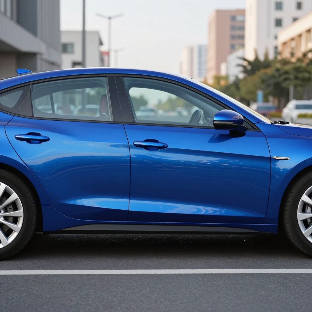Blue sedan parked on a city street with buildings in the background