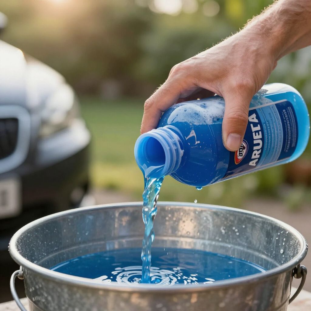 Hand pouring blue liquid from a bottle into a metal bucket outdoors