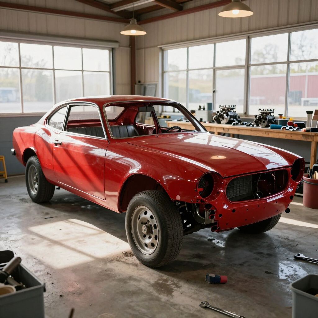 Red classic car body in a workshop garage, partially restored with missing front parts