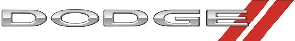 Dodge logo in silver with two red diagonal stripes on a white background