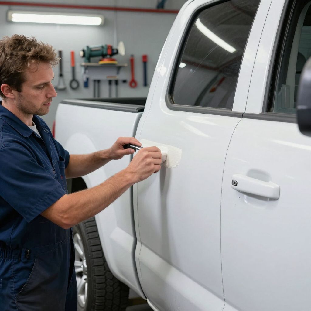 Mechanic polishing a white car door in a garage