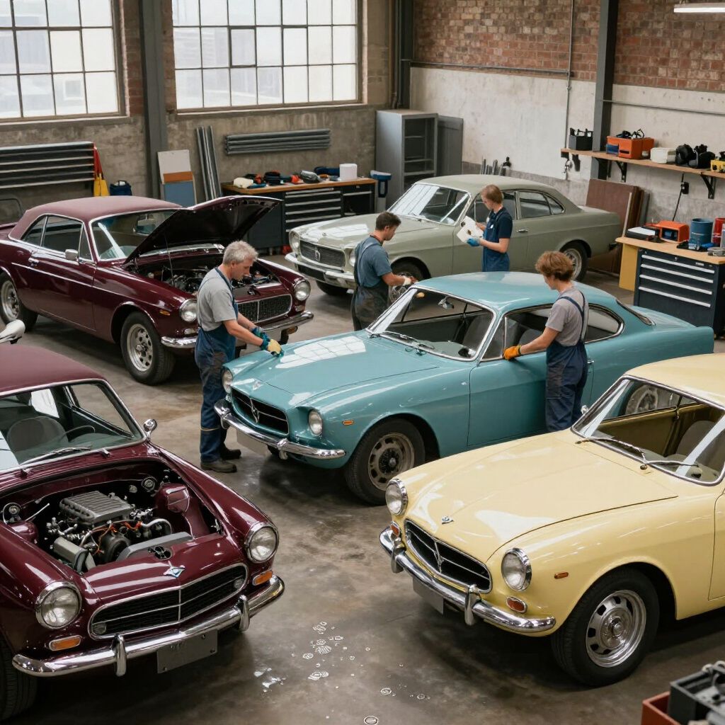 Classic cars in a workshop, with several people inspecting a turquoise coupe.