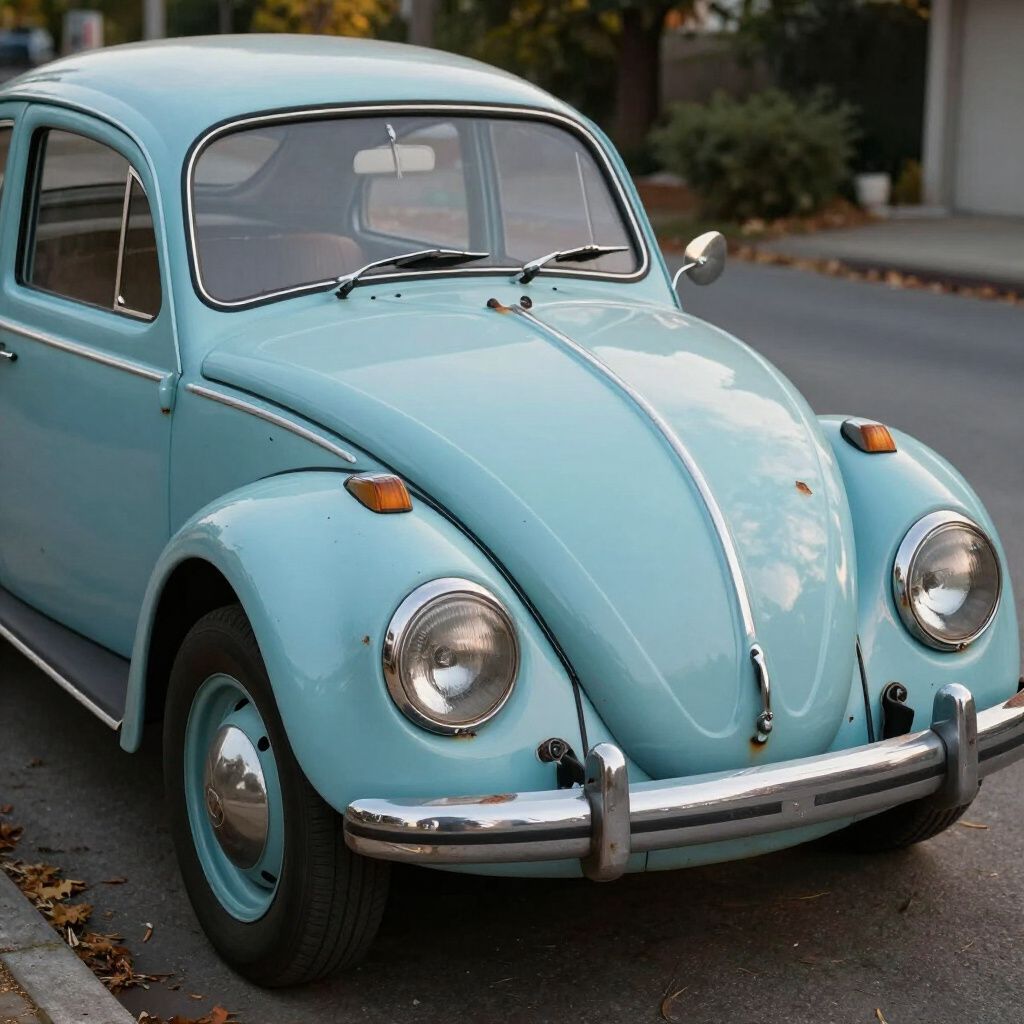 Light blue vintage Volkswagen Beetle parked on a street